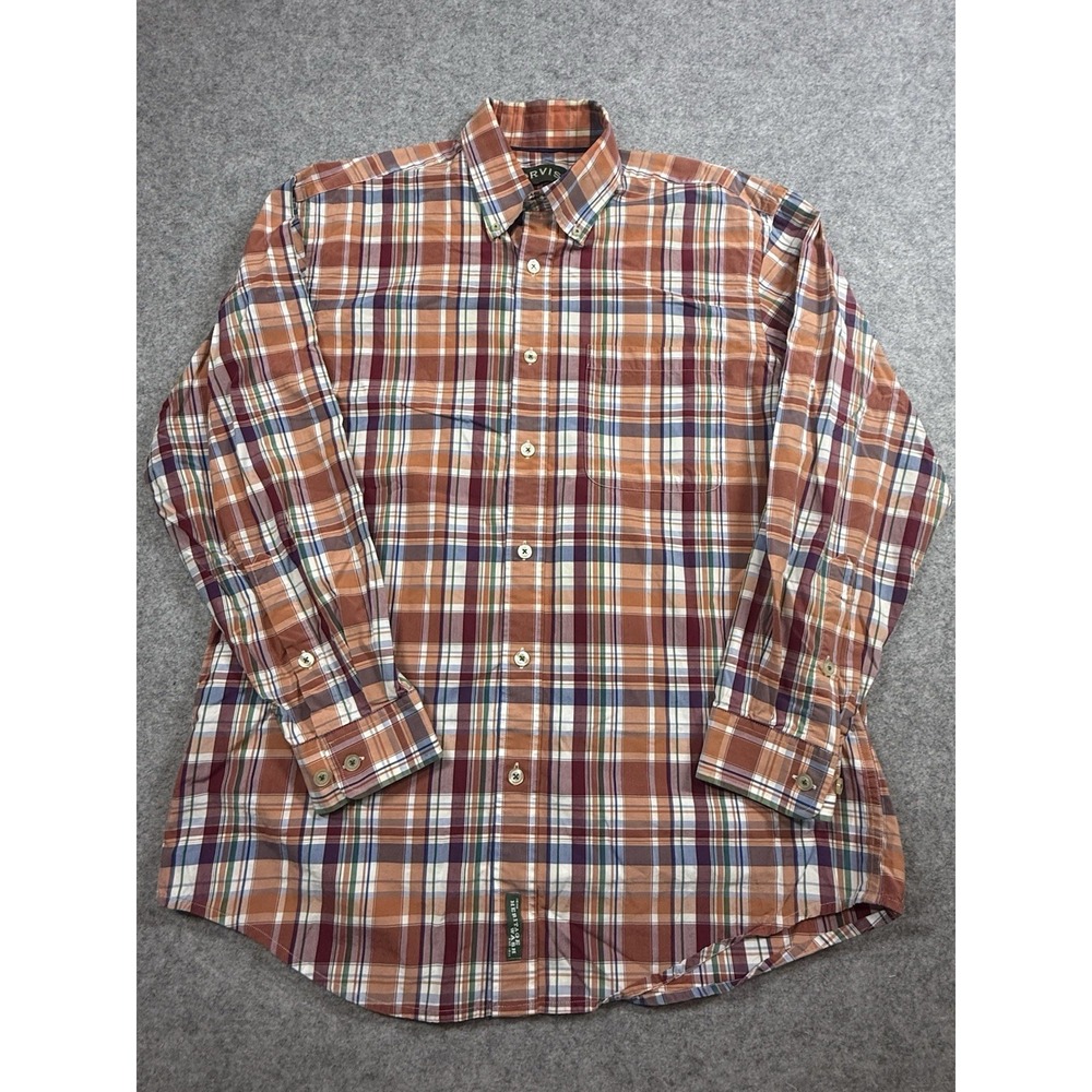 Orvis Heritage Wash Mens Large Plaid Long Sleeve Button Down Shirt Orange Fall
